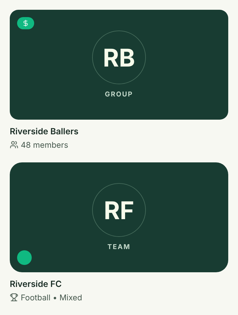 Group and team cards from Explore